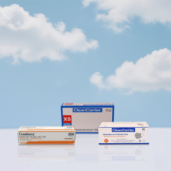 Kit de Desechables | Caja Mascarillas 50 Unidades Clean Carrier + Guantes de Nitrilo Celestes Clean Carrier + Gasas 5x5 Cranberry 200 Unidades